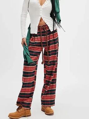 Free People Preppy Plaid Pull-On Trousers Atlantic blue combo XS